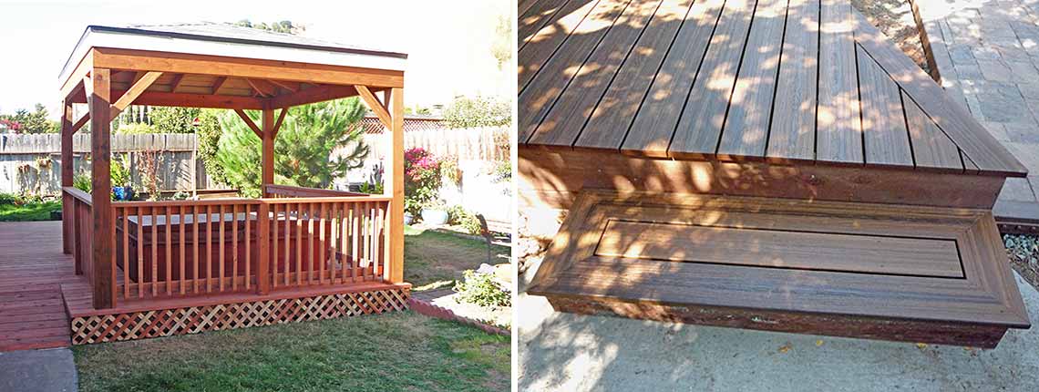 Wooden gazebo with peaked roof